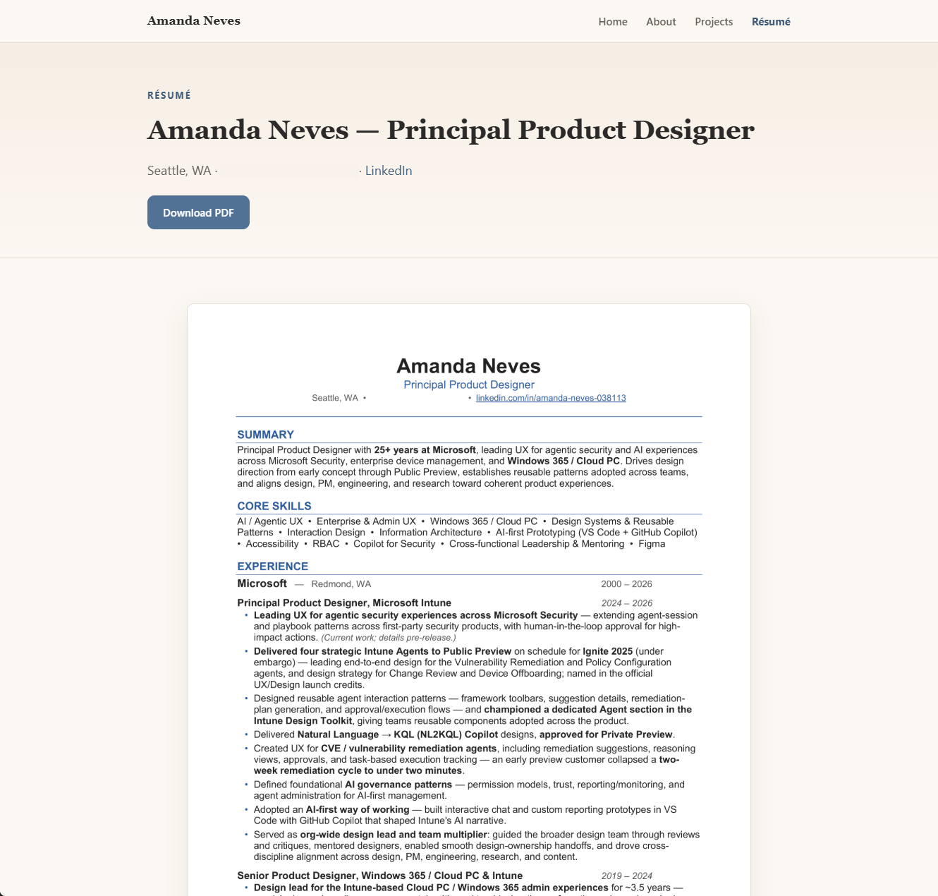 Screenshot: the in-page R&eacute;sum&eacute; viewer