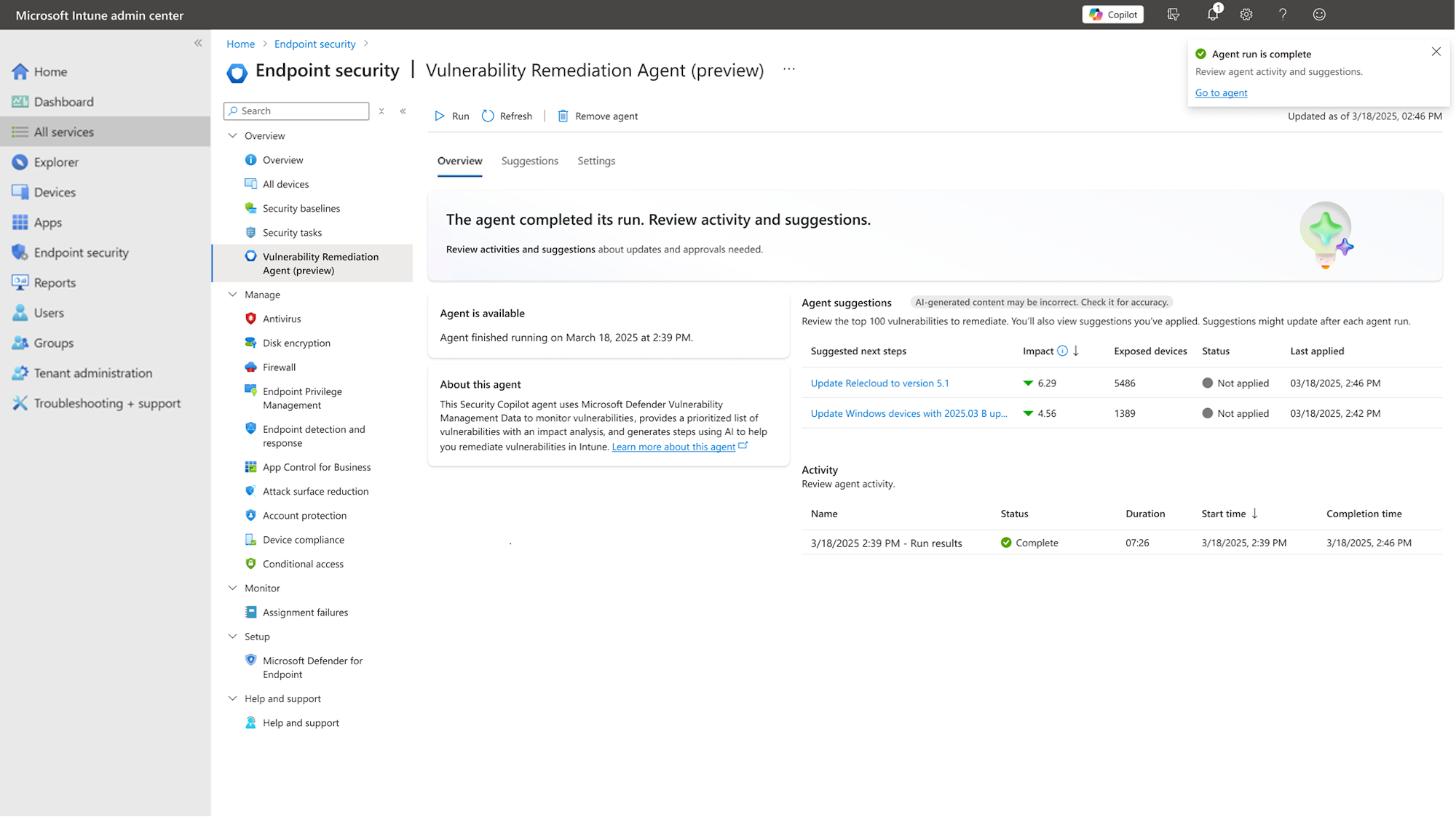 Vulnerability Remediation Agent home in the Intune admin center