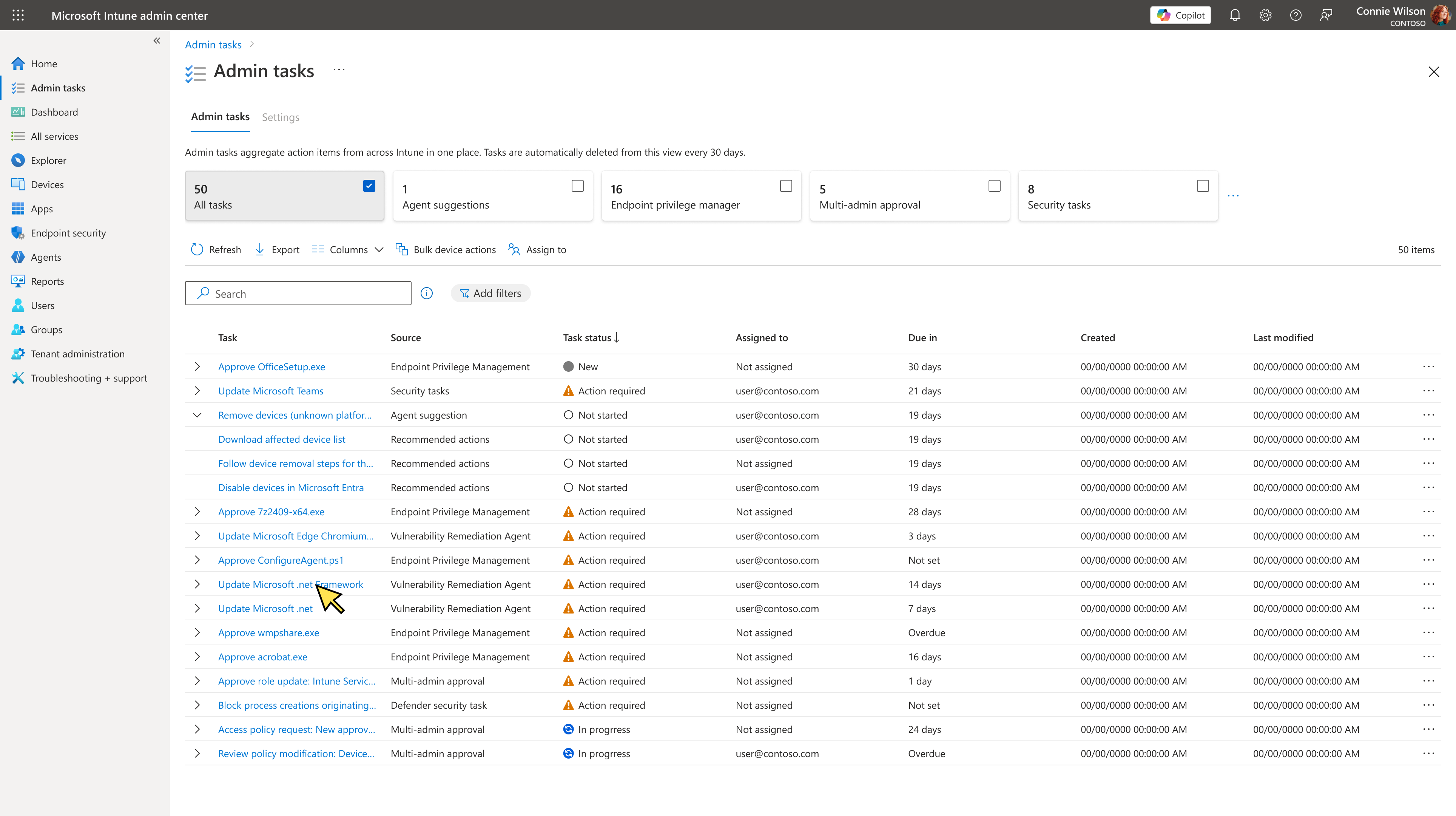 Intune Admin tasks page aggregating action items tenant-wide, including several sourced from the Vulnerability Remediation Agent alongside Endpoint Privilege Management and multi-admin approval tasks