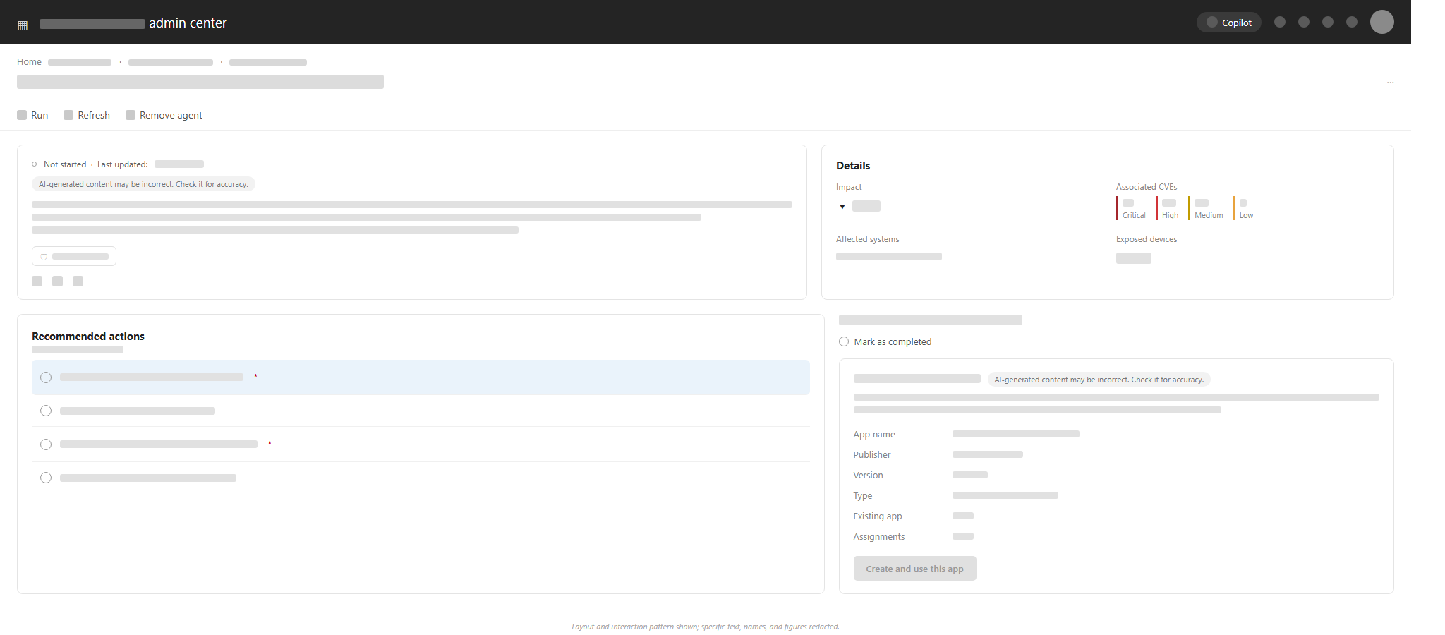 Recreated layout of the Assisted-mode review step: suggestion details with impact and associated CVEs, recommended actions with a mark-as-completed control, and an app-creation panel