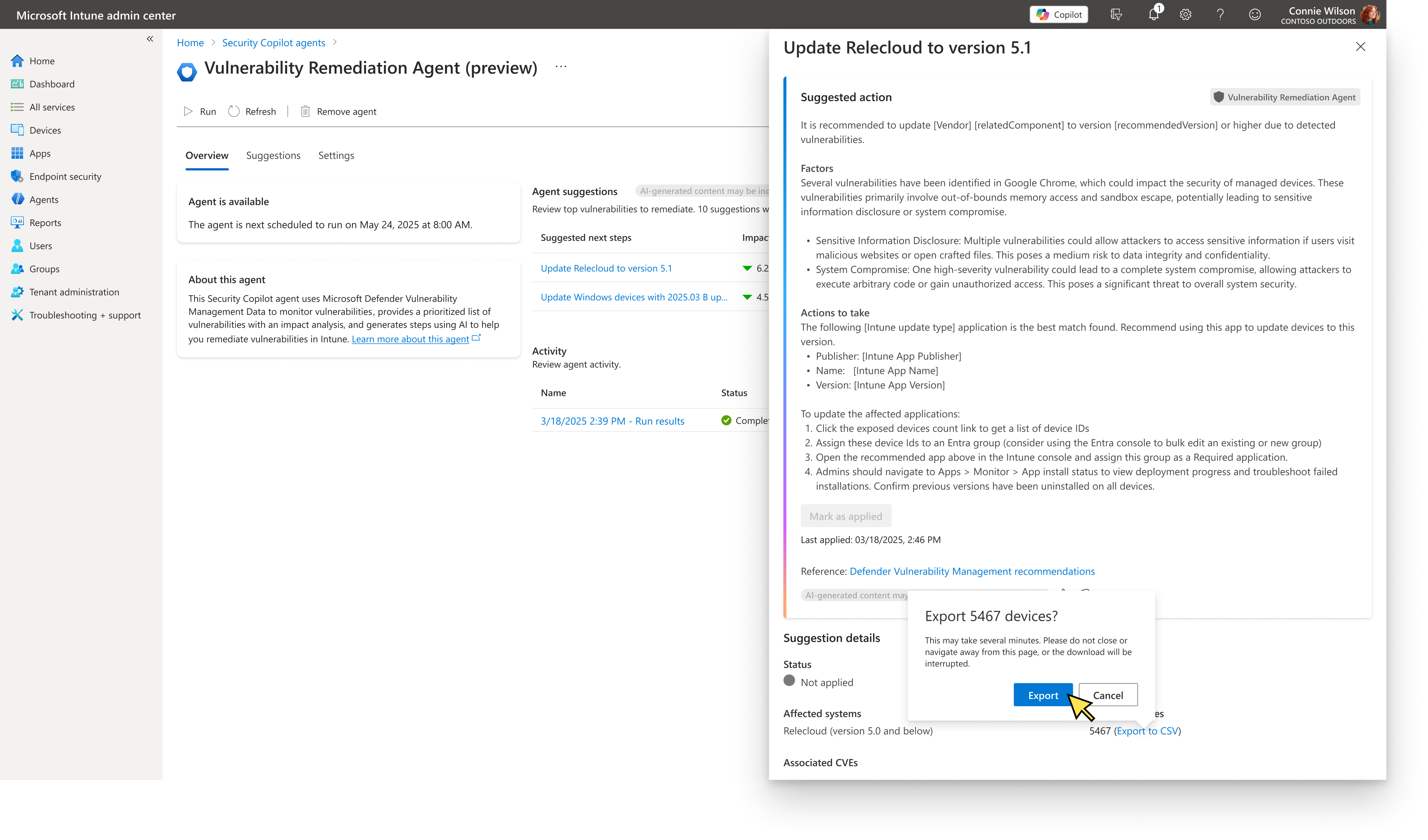 Suggestion detail panel with factors and remediation steps, plus a device export confirmation dialog