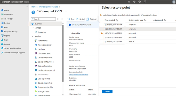 Selecting a restore point for a single Cloud PC