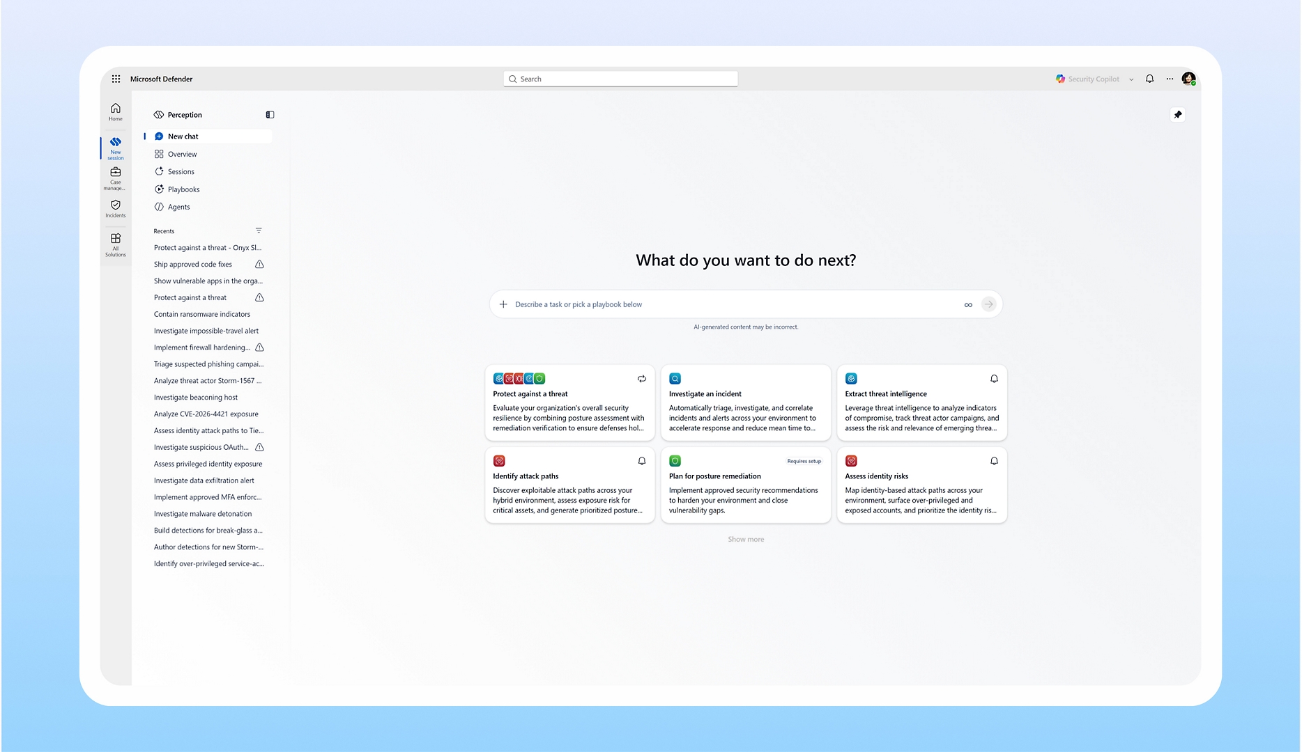 Project Perception chat entry point in the Microsoft Defender portal: "What do you want to do next?" with a task box and playbook cards, alongside Sessions, Playbooks, and Agents in the side nav