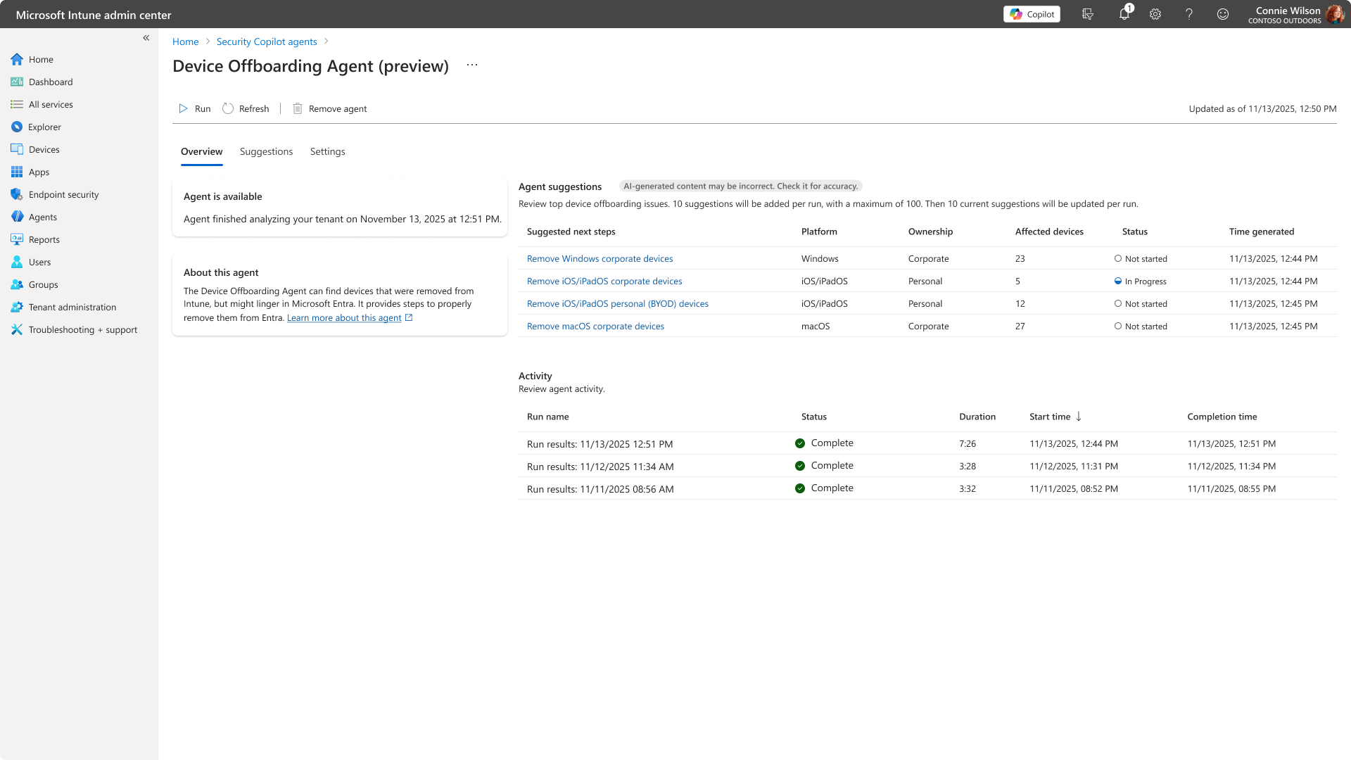 Device Offboarding Agent overview tab, showing the same Overview / Suggestions / Settings layout, with suggestions for removing stale Windows, iOS/iPadOS, and macOS devices