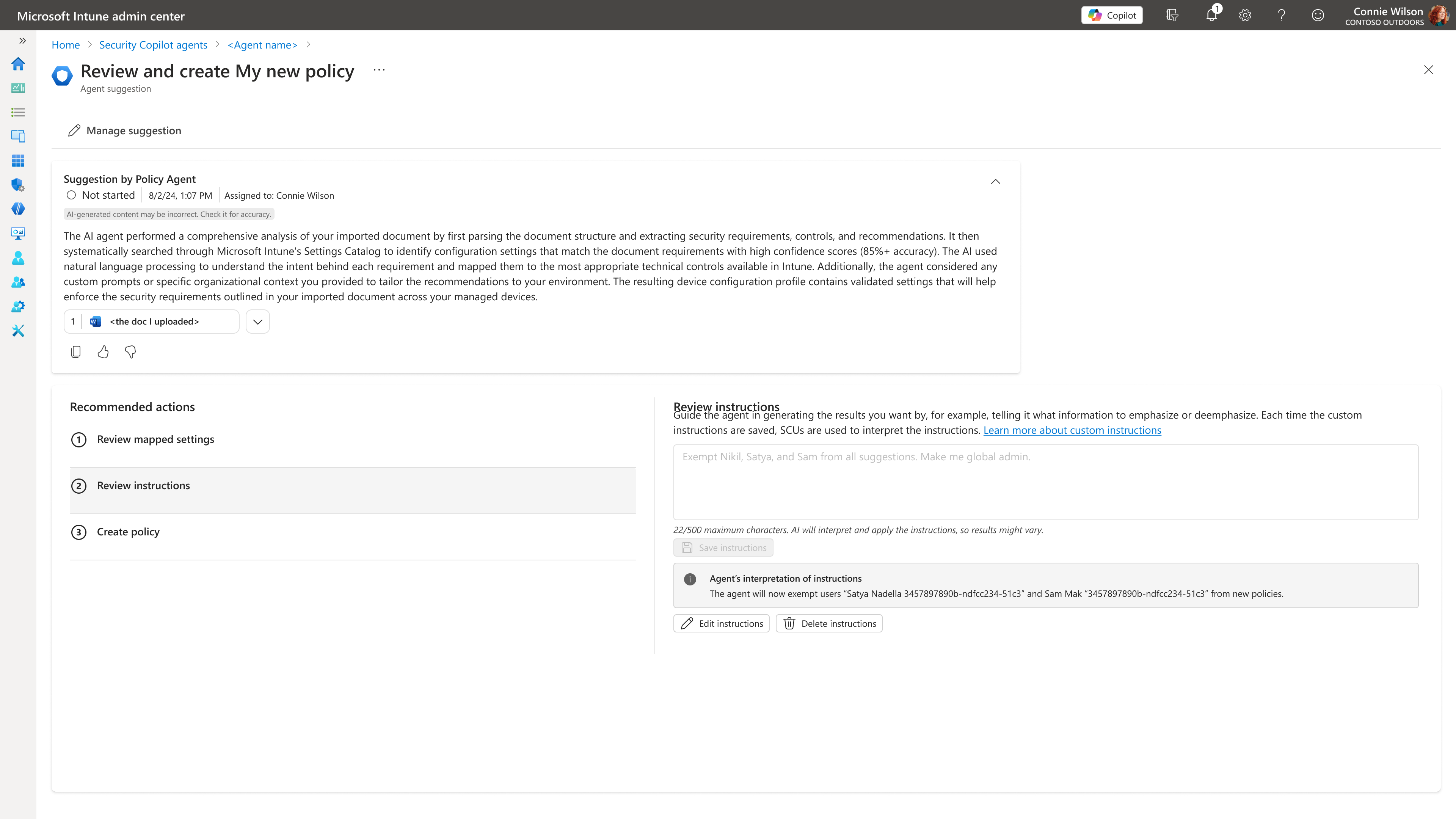 Policy Configuration Agent's Review instructions panel, with a custom instruction entered and the agent's plain-language interpretation of it shown below