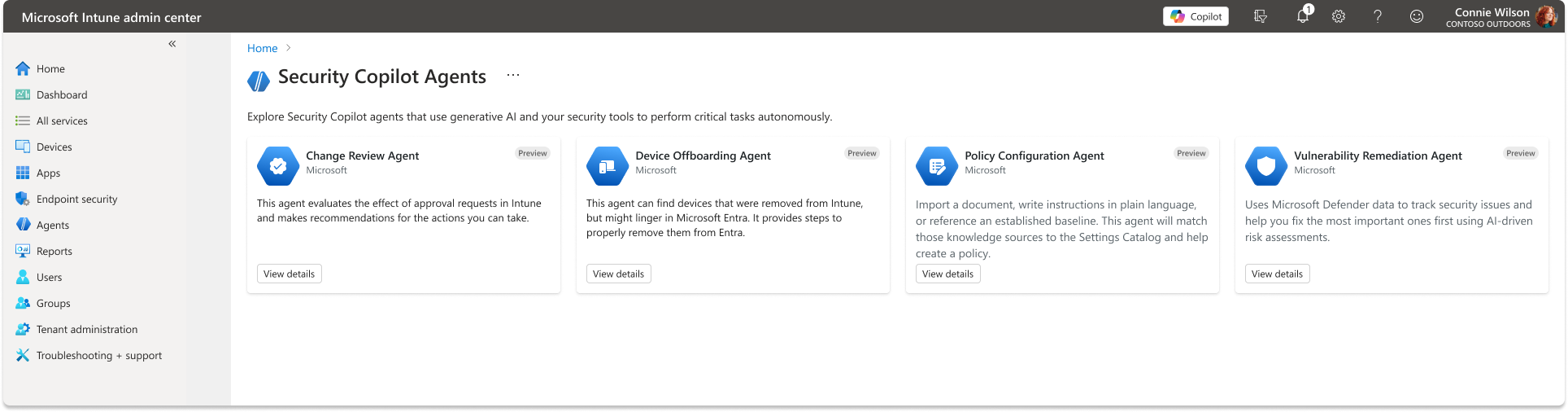 Security Copilot Agents landing page in the Intune admin center, showing four agent cards in the same layout