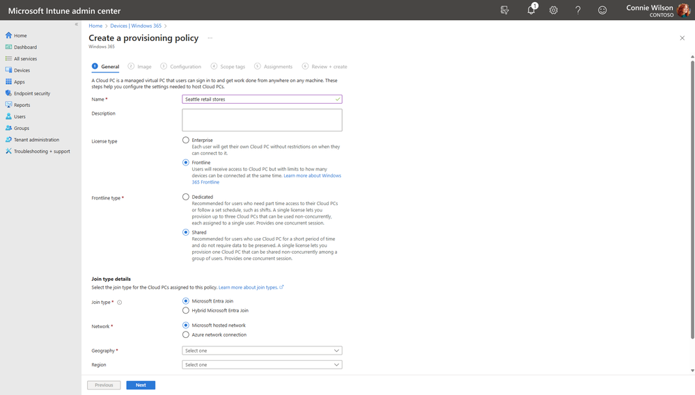Create a provisioning policy wizard, General step, showing Name, License type (Enterprise/Frontline), Frontline type (Dedicated/Shared), Join type, Network, Geography, and Region