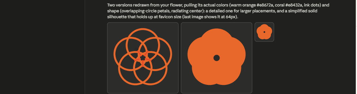 Screenshot: AI's first attempt at the flower mark &mdash; a geometric circle pattern and an oversimplified blob, both rejected