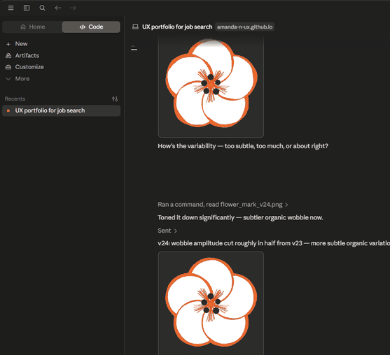 Screenshot: iterating on the flower mark, twenty-plus versions in