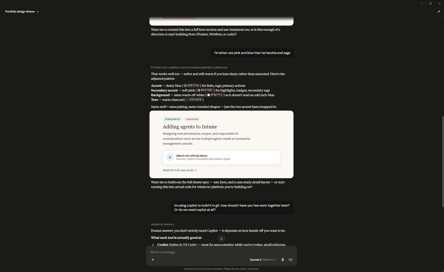 Screenshot: the conversation working through the palette pivot